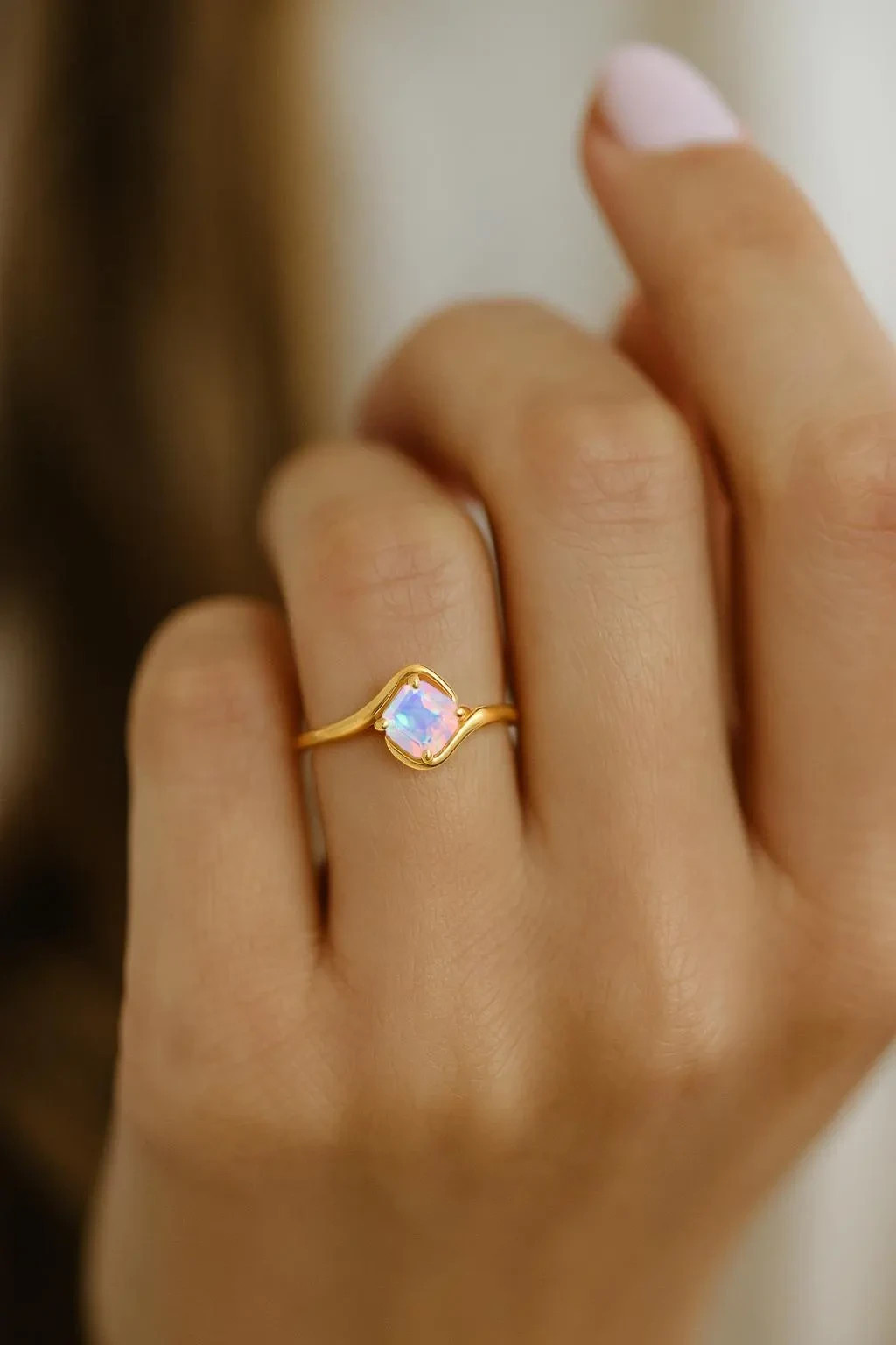 AAA White Fire Opal Gemstone Statement Ring, Genuine Opal Gemstone Gold Ring