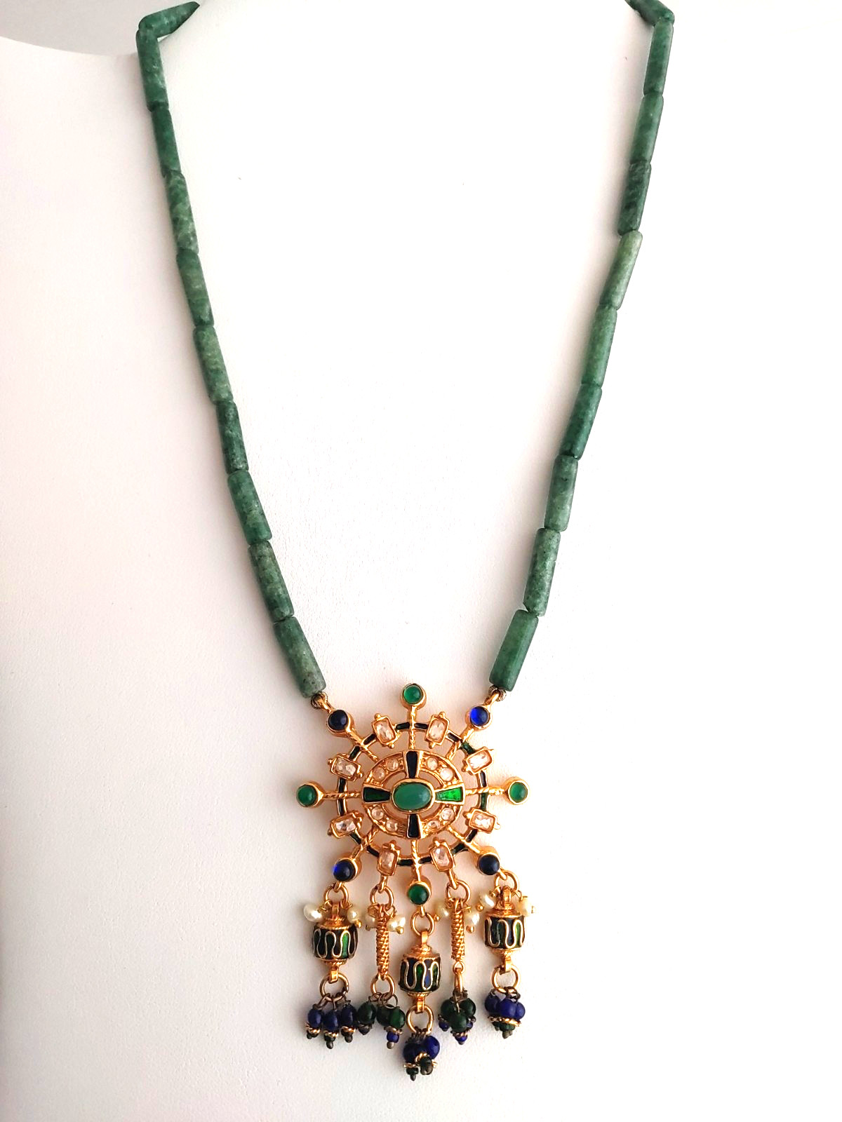Ornate Gold Tone Green Blue Pendant Necklace Beaded Stone Freshwater Pearls 16”