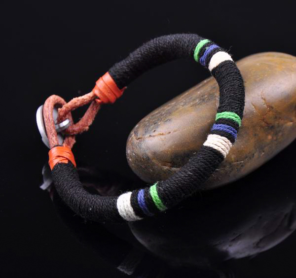 S471 Surfer Cotton Wrap Leather Men’s Leather Wristband Bracelet Cuff Black