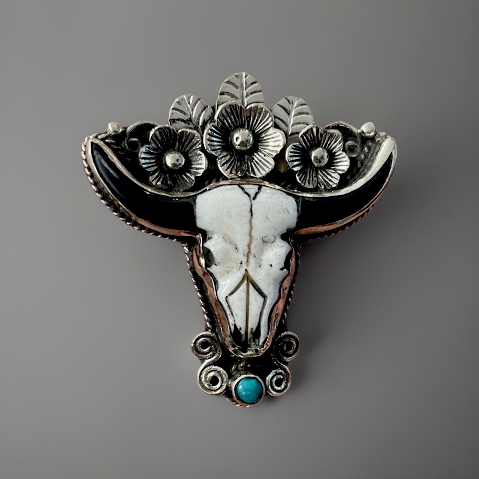 Western bone Steer Skull with Floral accent with Turquoise necklace slide