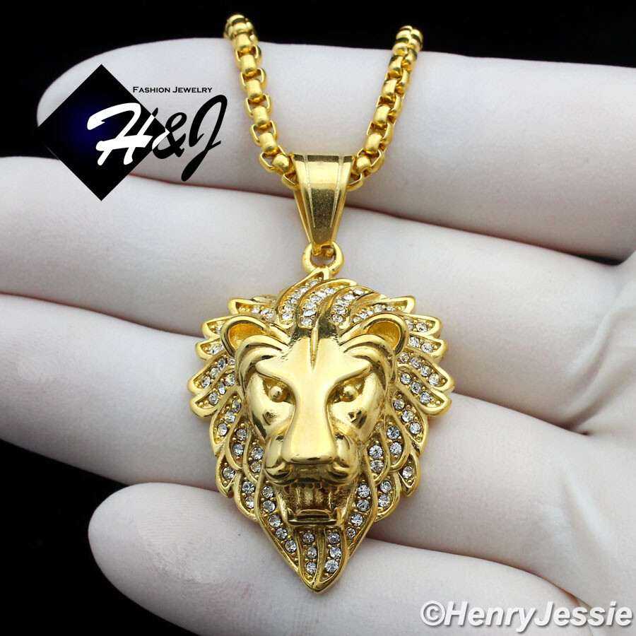 18-36″MEN Stainless Steel 3mm Gold Plated Box Chain ICY CZ 3D Lion Pendant*GP134