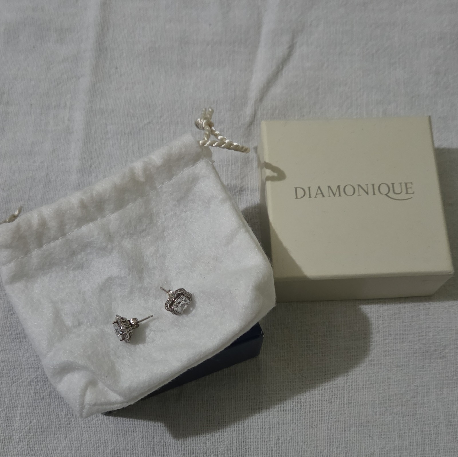Diamonique Cushion Halo Stud Earrings Simulated CZ Silver Tone Butterfly Back