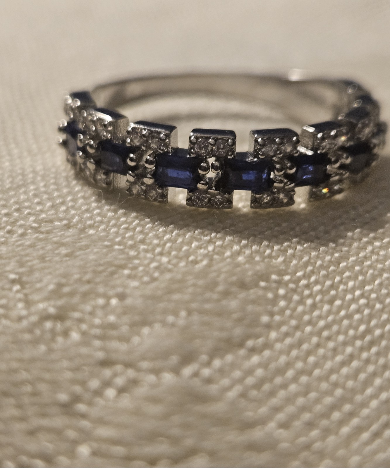 Silver Tone Ring with Blue and White Synthetic Zircon Stones, Size 8