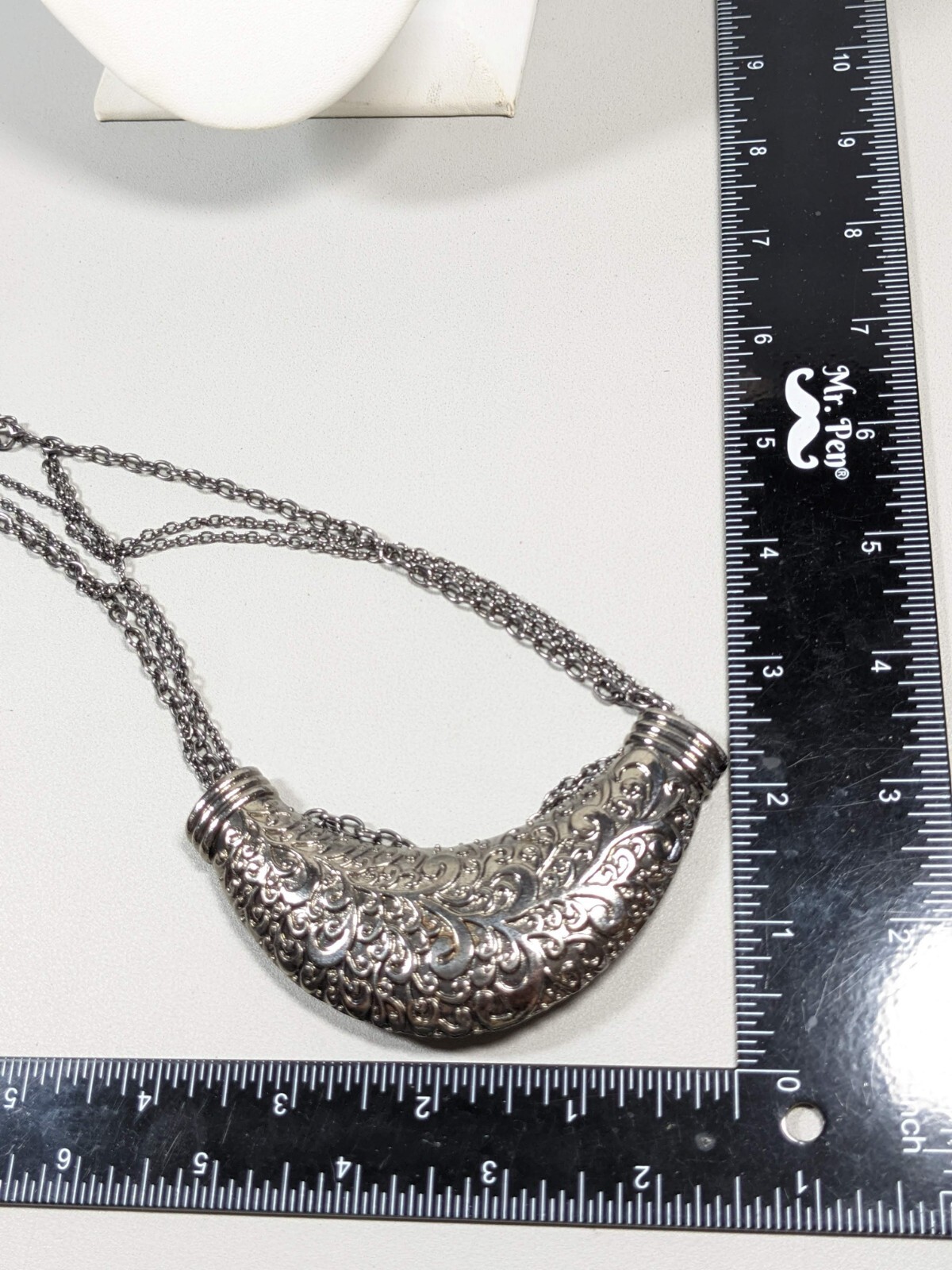 Gunmetal Gray Repousse Scroll Style Curved Bar Pendant Necklace 23 inches