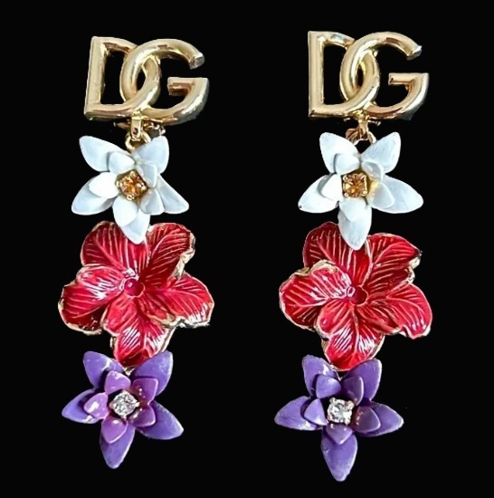 £619 DOLCE & GABANNA EARRINGS DG LOGO FLORAL LONG DROP DANGLE CLIP Earrings
