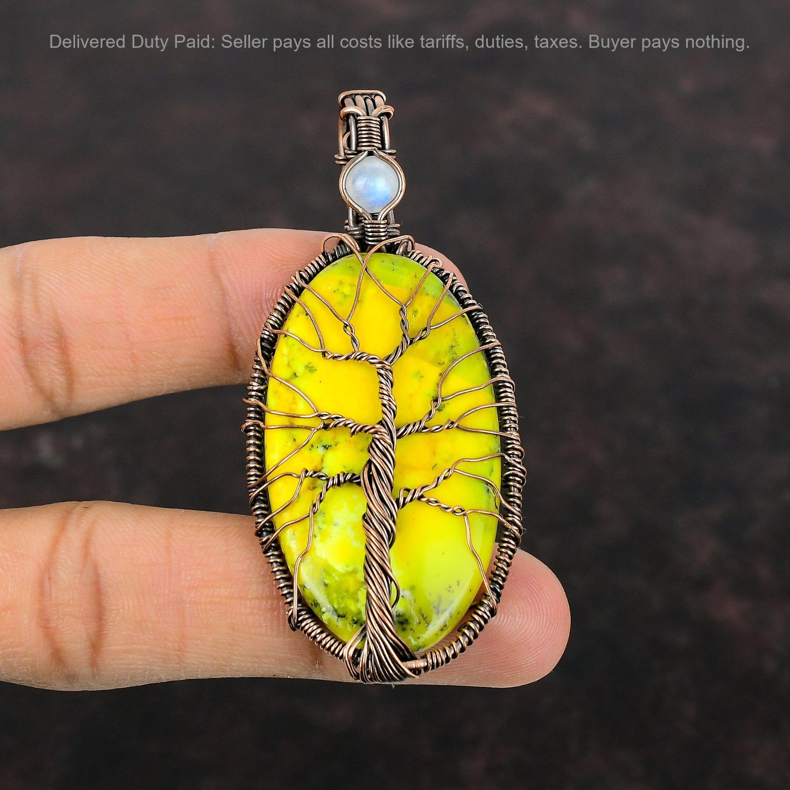 Natural Yellow Dendrite Opal Rainbow Moonstone Daughter Pendant Jewelry Copper