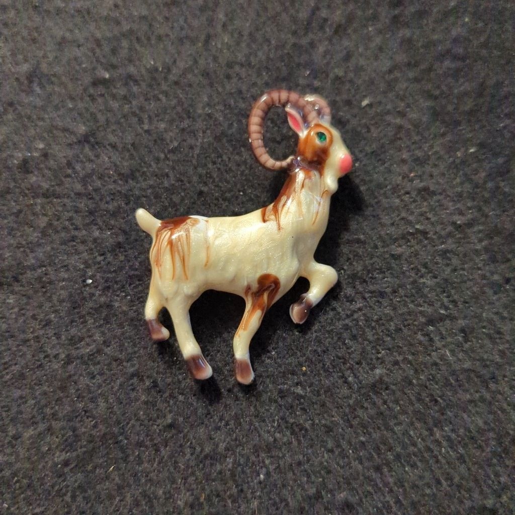 Gold Tone White Brown Enamel Goat Sheep Statement Brooch