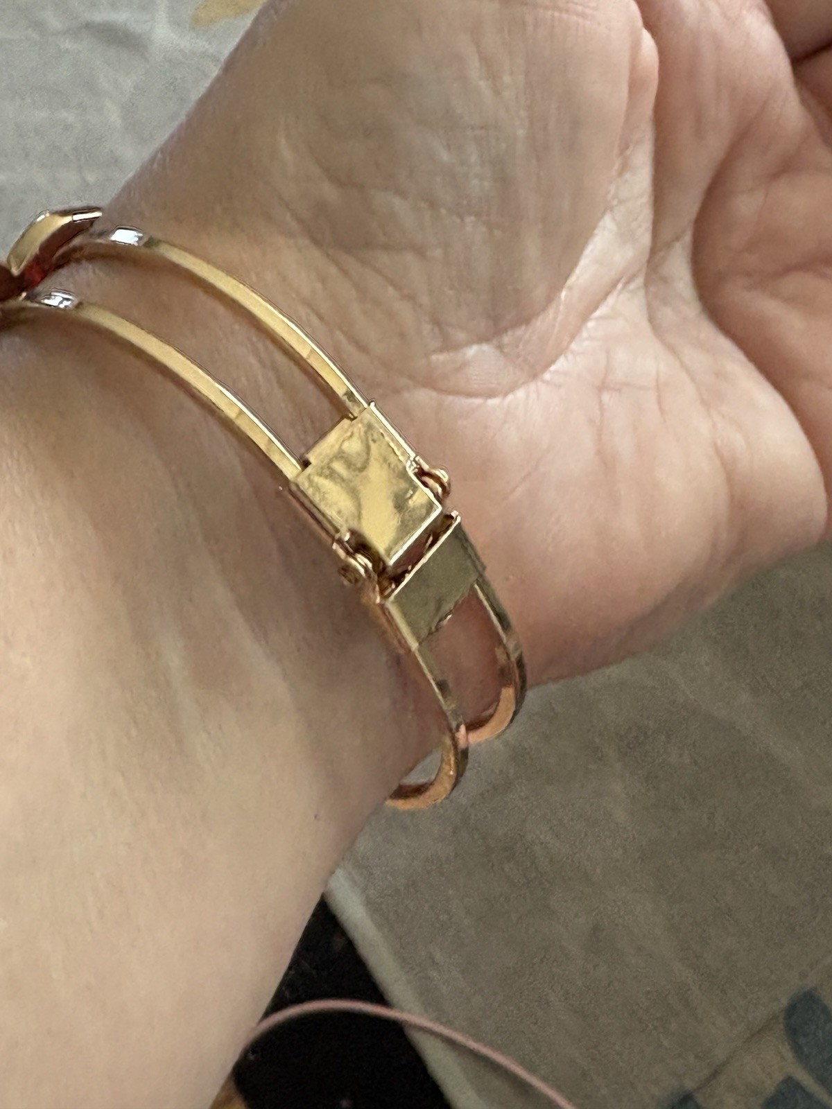 Gold Tone Pink Cushion Bezel Set Bangle Bracelet Hinged Less Than 8 in