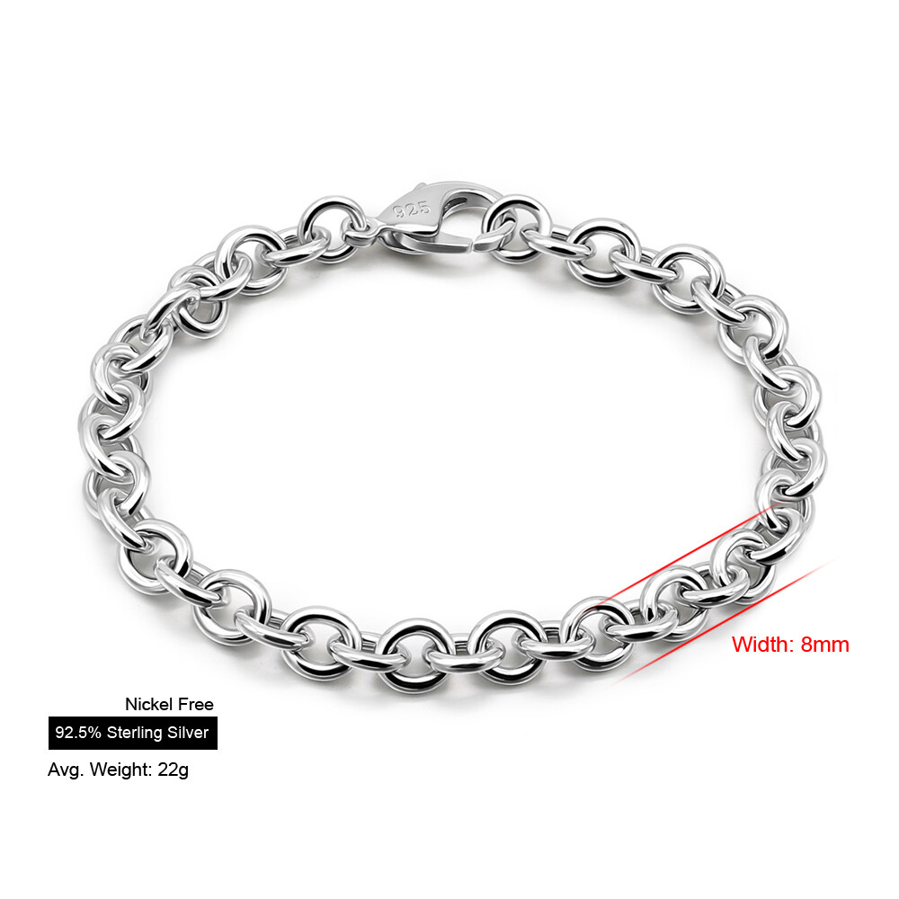 925 Sterling Silver Round Cable Chain Rolo Chain Bracelet 8mm 6.3″-9″ Men Women
