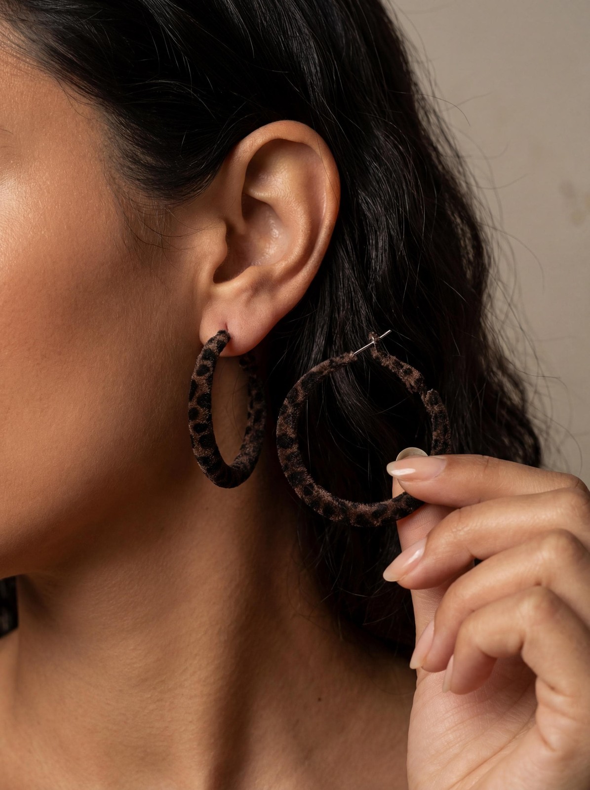 Leopard Print Velvet Hoop Earrings Brown Animal Print Lightweight Fabric Hoops