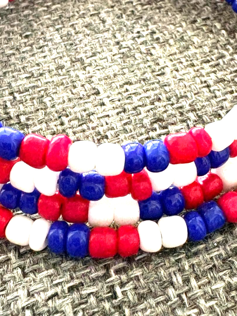 Patriotic Handcrafted Glass Beaded Wrap Bracelet – Red White & Blue