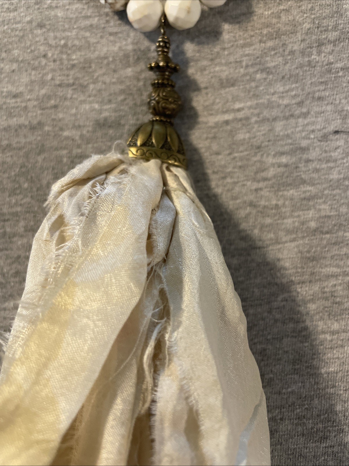 Ivory Fabric Tassel Necklace With Natural Stone Beads