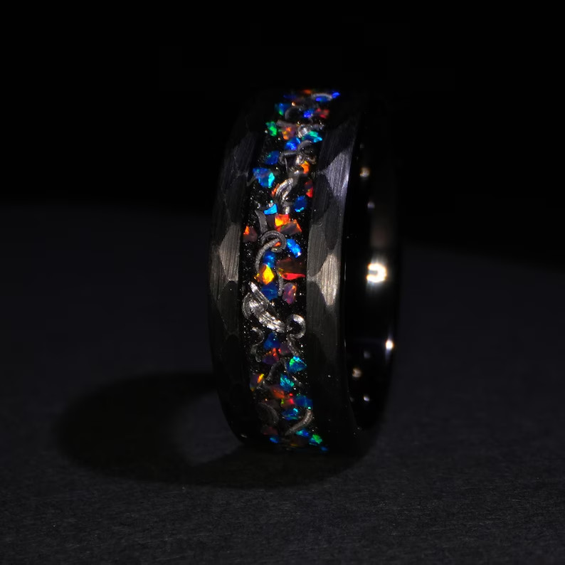 8mm Meteorite & Galaxy Opal Hammered Black Tungsten Men’s Ring Wedding Band