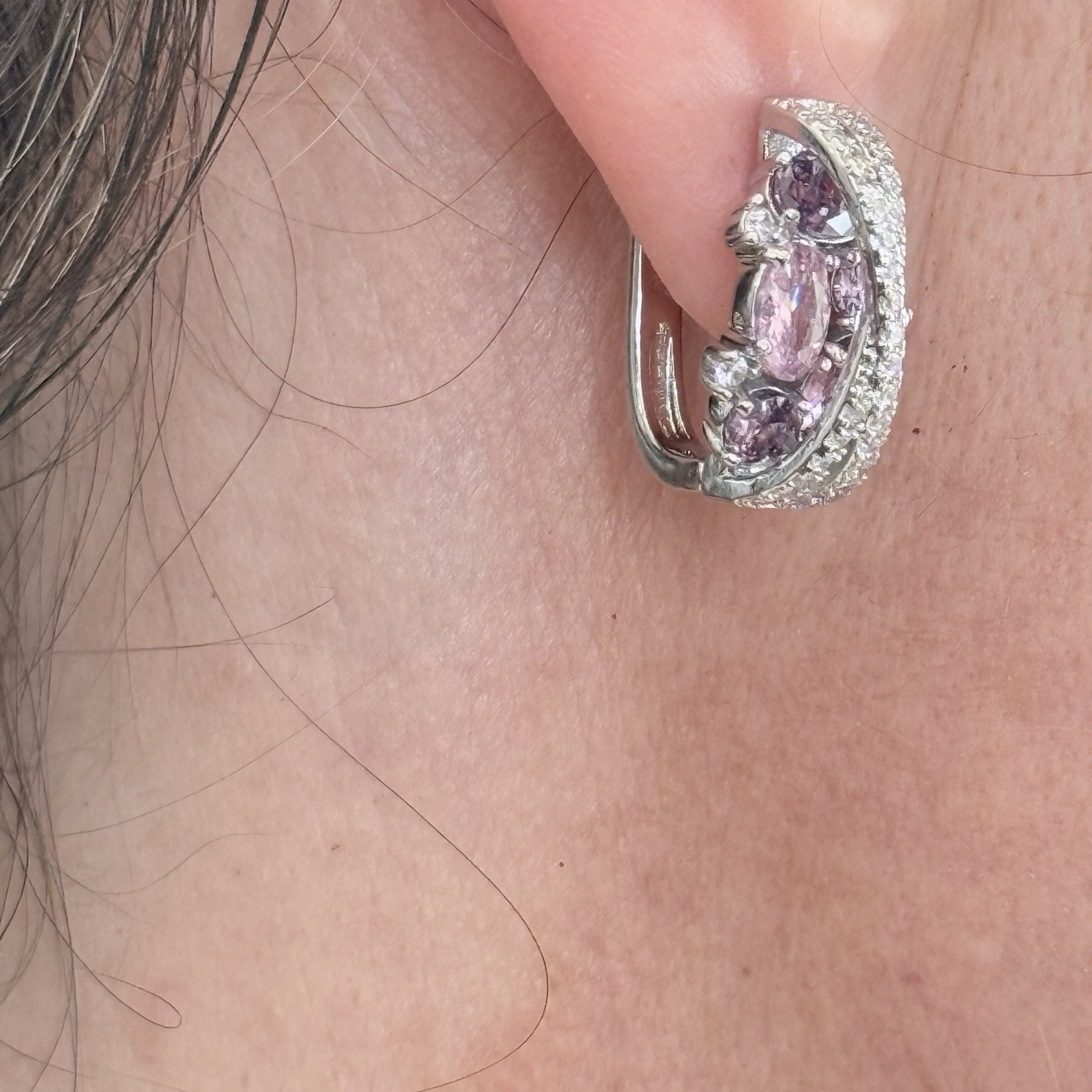 Multicolored Pink Purple, White Cubic Zirconia, Huggie Hoop, Dangle