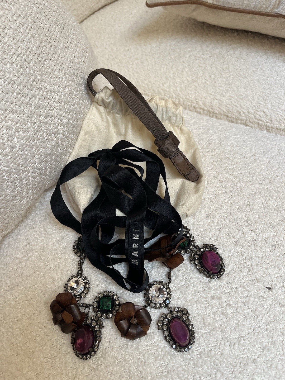 Marni Statement– Crystal, Resin & Satin Ribbon Tie Necklace Rare Barney’s
