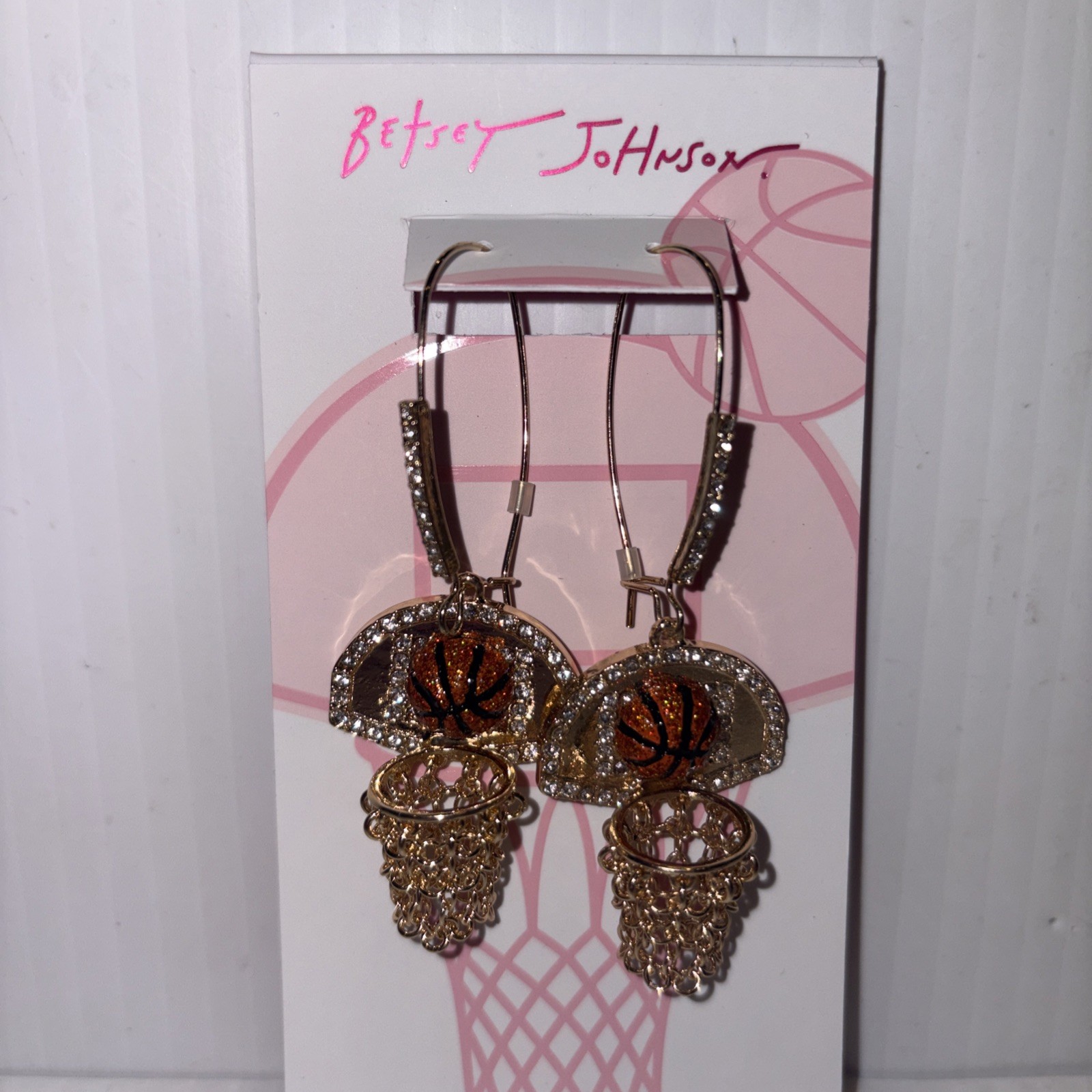 Betsey Johnson earrings Nothing But Net basketballs goldtone chains hooks NWT