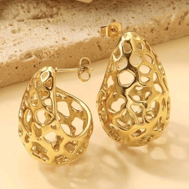 Gold Tone Hollow Teardrop Stud Earrings, Butterfly Back, Metal, No Stone