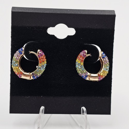 Rainbow Crystal Clicker Hoop Earrings Gold Rhinestone Pave