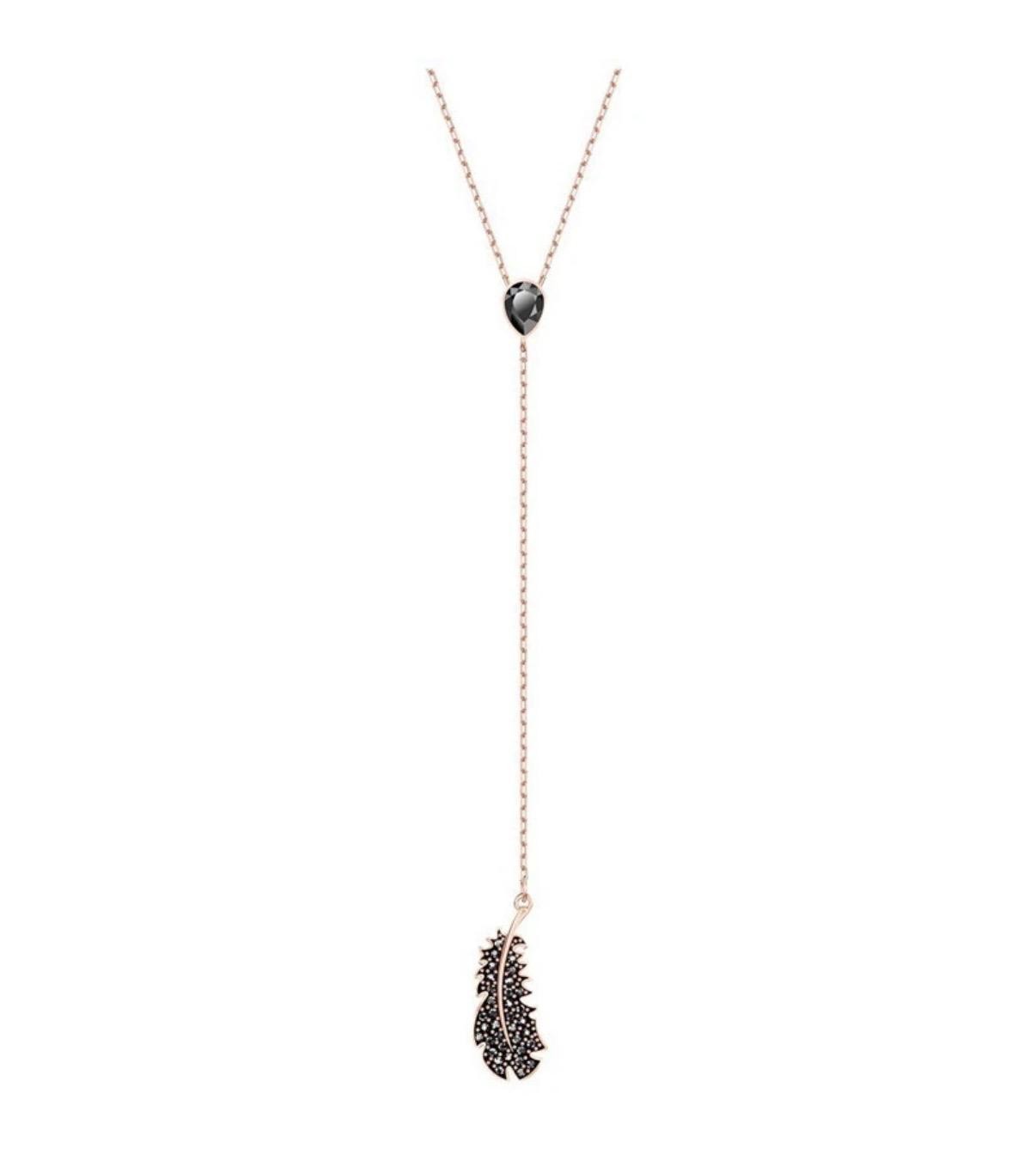 NEW Swarovski Crystal Feather Y Necklace Black Crystal Rose Gold Tone 5495299