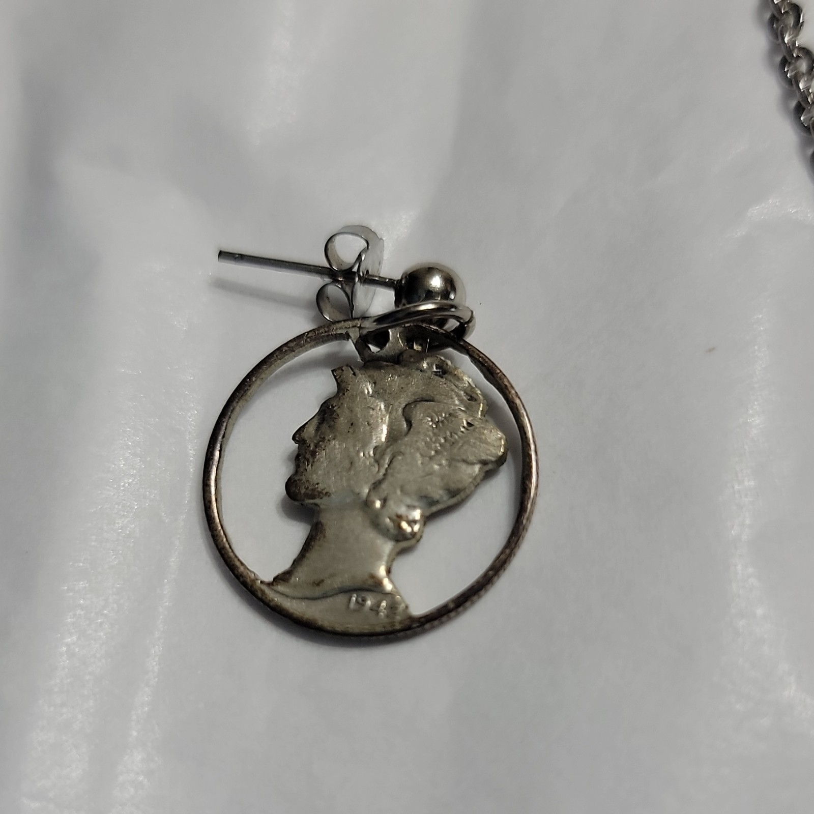 Vintage 1942 Mercury Dime Hand Cut Coin Sterling Silver Necklace & Earrings Set