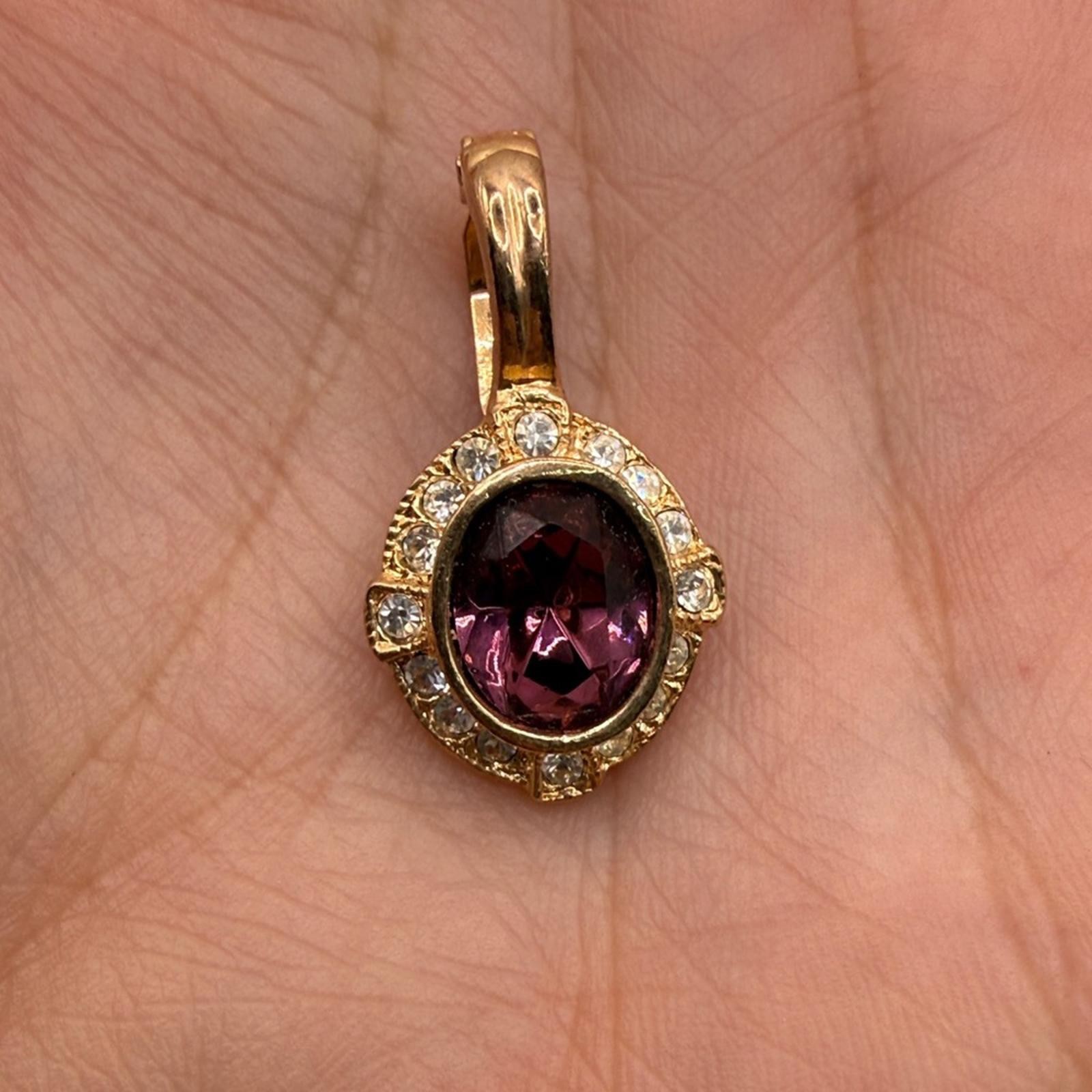 Vintage Roman Elegant Gold Tone Purple Amethyst Pendant Rhinestone Jewelry