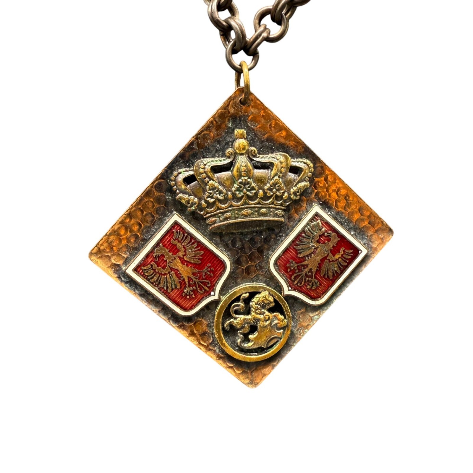 Hammered Royal Crown Eagle Symbol Pendant Chain Necklace Brass Tone