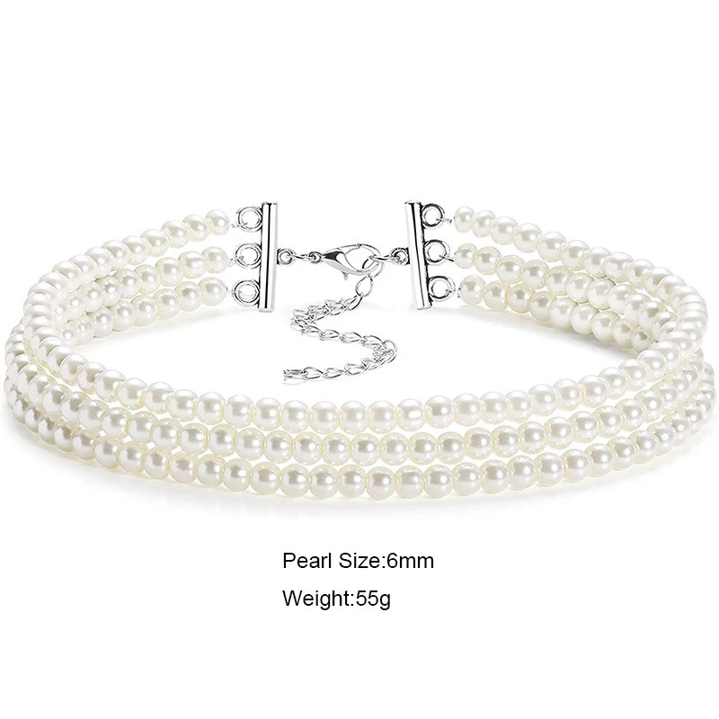 Faux Pearl Layered Collar Choker Necklace Women White Beaded Rope Jewelry