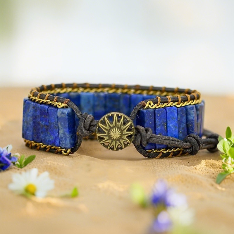 Natural Wide Lapis lazuli Beads Healing Chakra Blue Gemstone Warp Bracelet