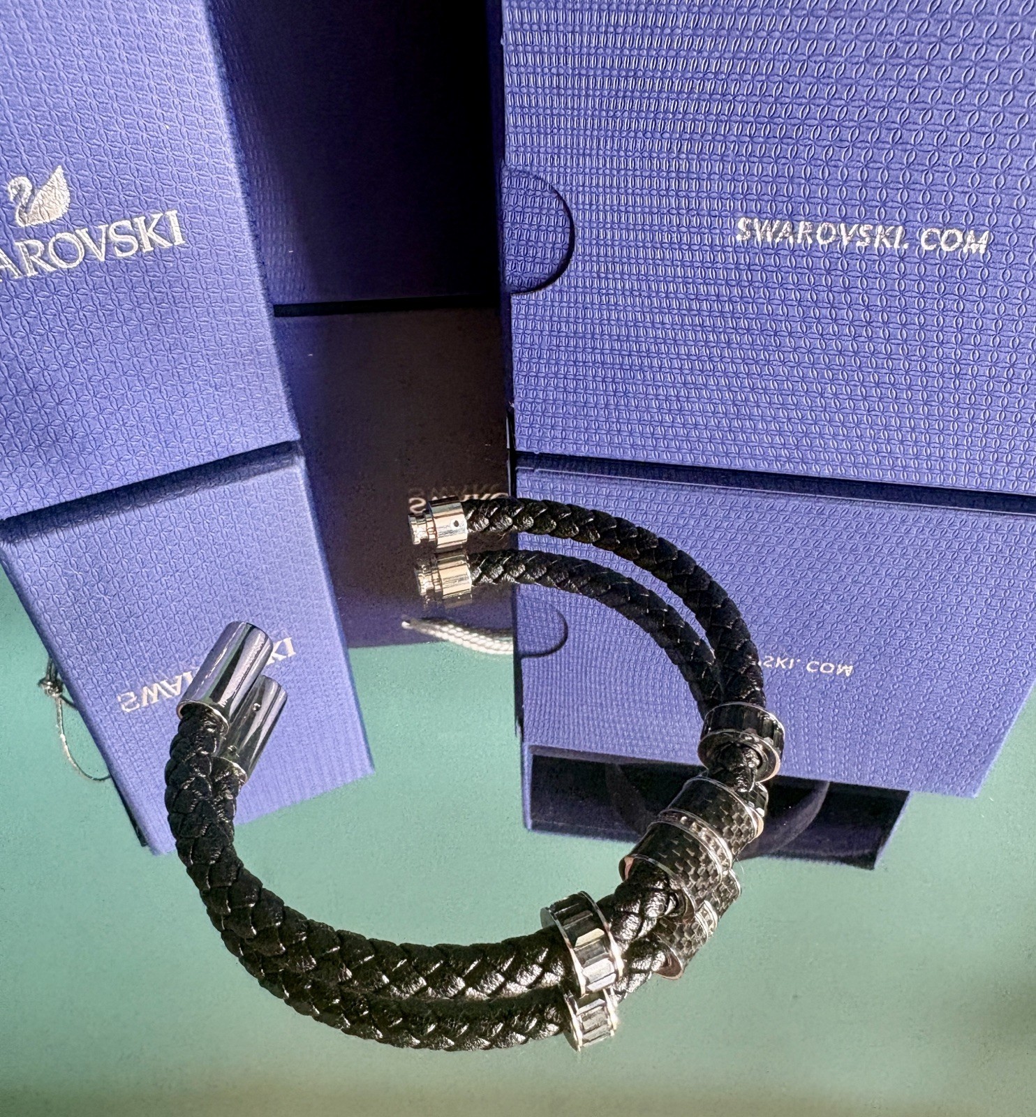 Swarovski Diagonal Men’s & Unisex Black Leather Bracelet 18cm Gift boxed