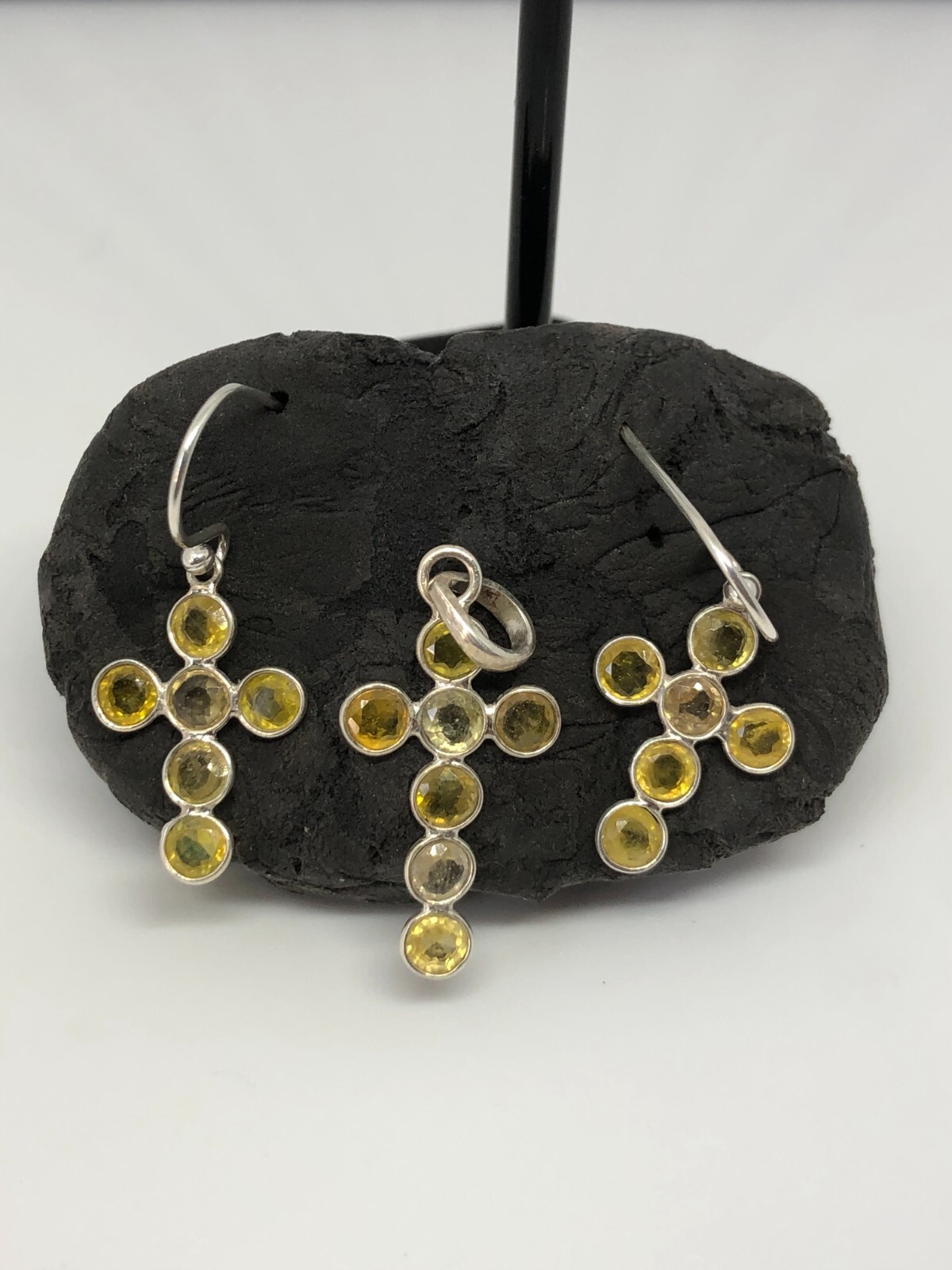 Yellow Sapphire Plain Cross Pendant Earring Silver Set,Best Christian Gifts 1015