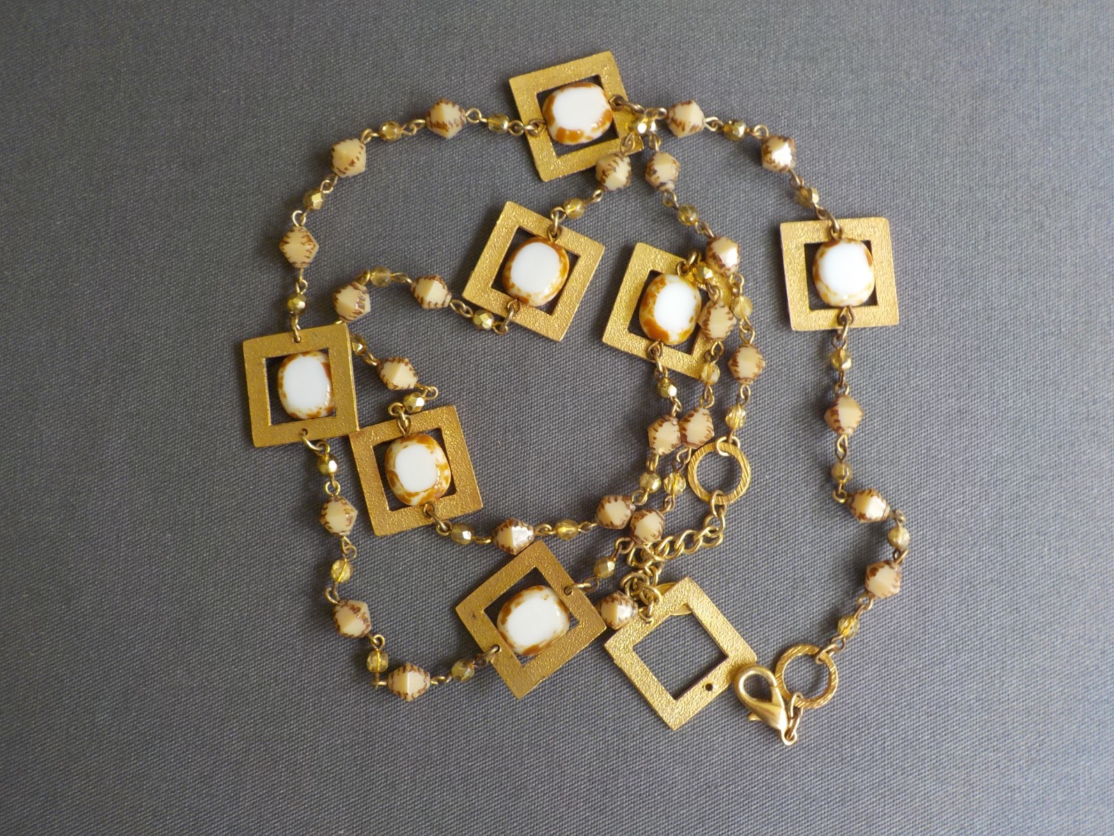 Seasonal Whispers Square Necklace Gold Tone Metal Glass Plastic Bead Linked