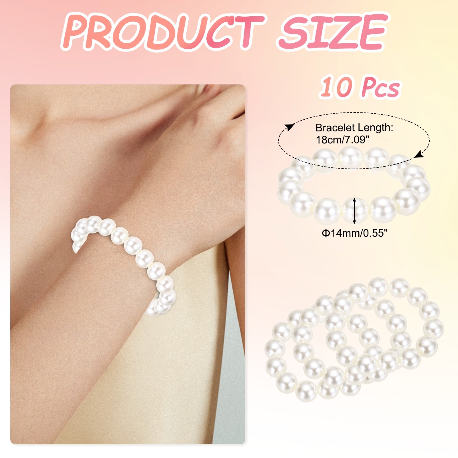 10 Pcs White Pearl Bracelets for Women, 14mm Pearl Stretch Bracelet, Beige