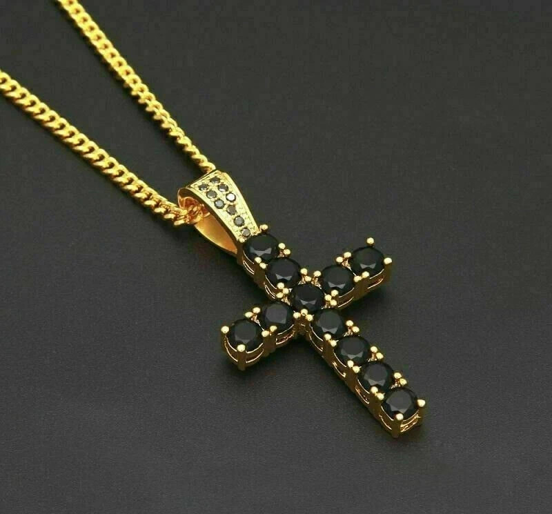 2Ct Round Simulated Black Diamond Cross Pendant Free 18″ Chain 14k Gold Plated