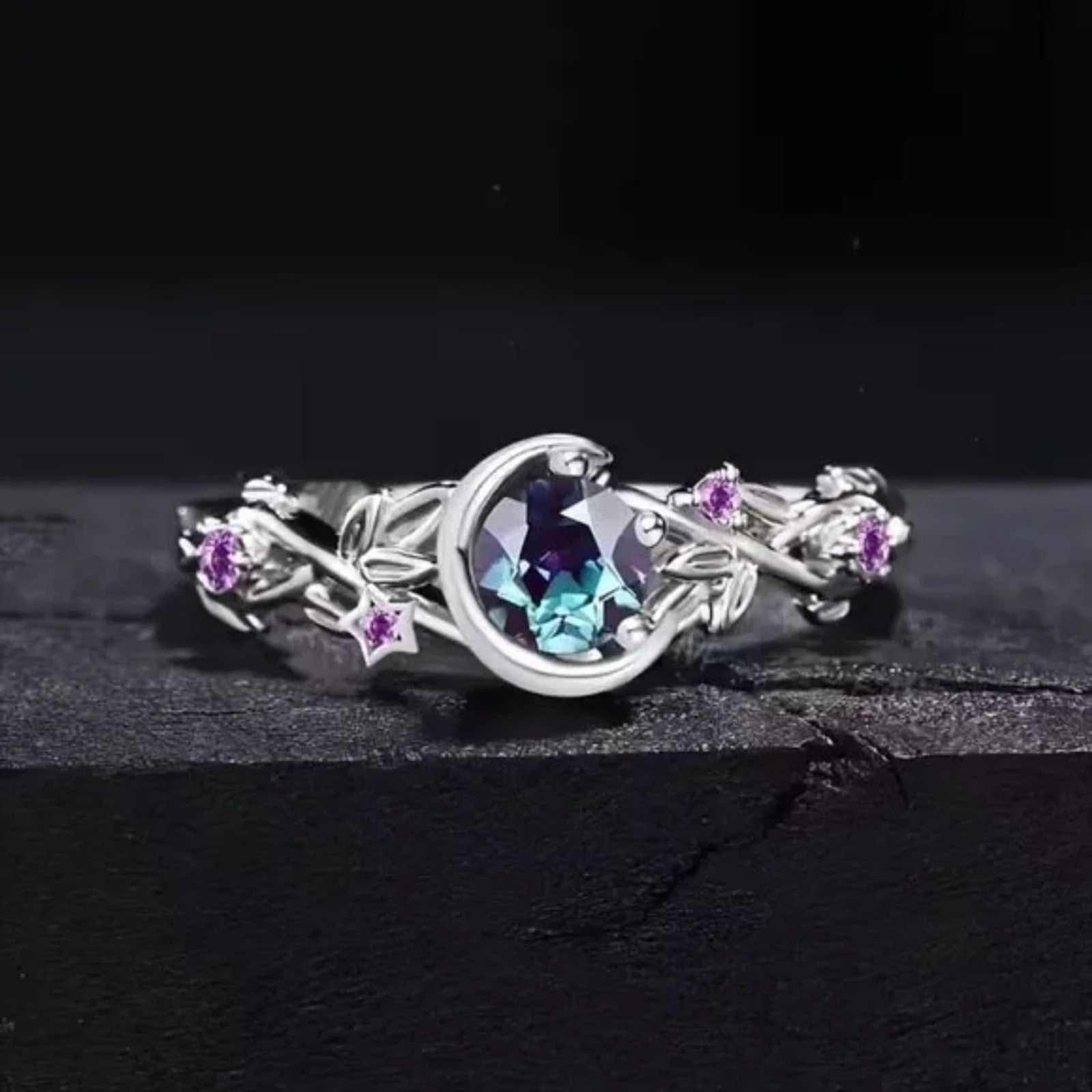 Celestial Silver Crystal Ring Moon Stars Gemstone Flowers Boho Fashion sz: 8