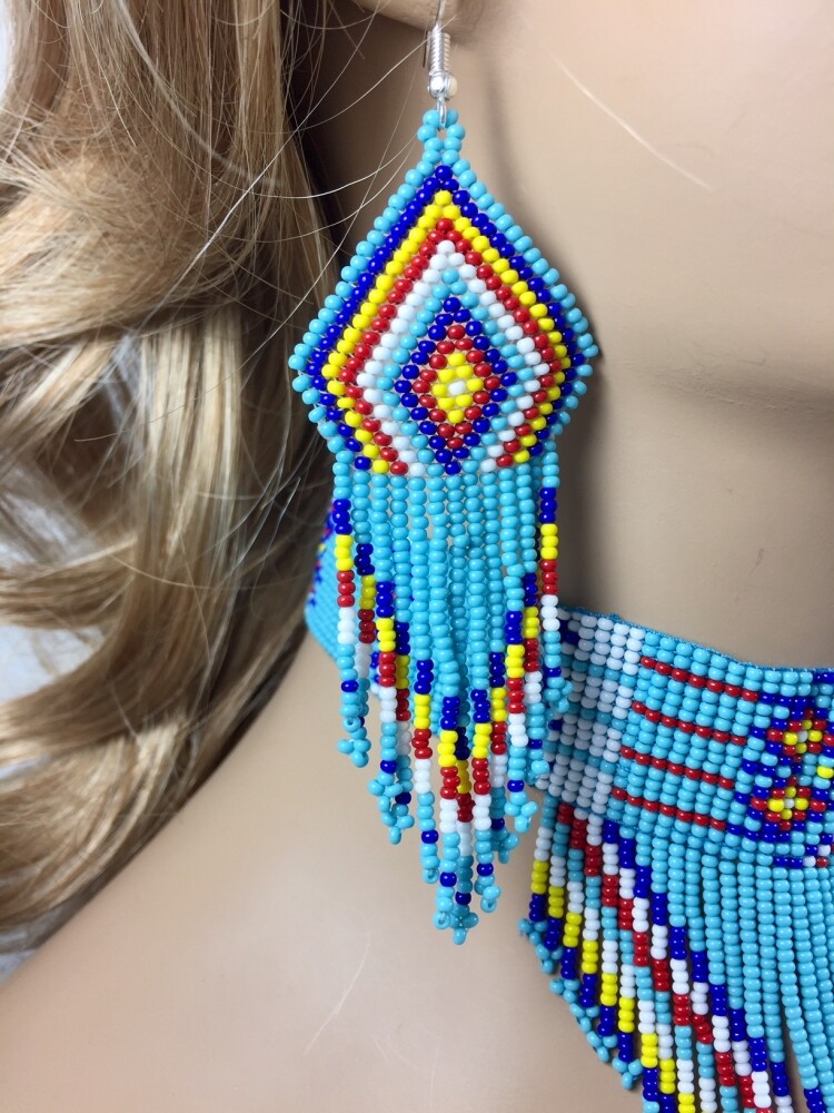 NATIVE BEADED TURQUOISE BLUE HANDCRAFTED CHOKER NECKLACE HOOK EARRINGS SET S18/6