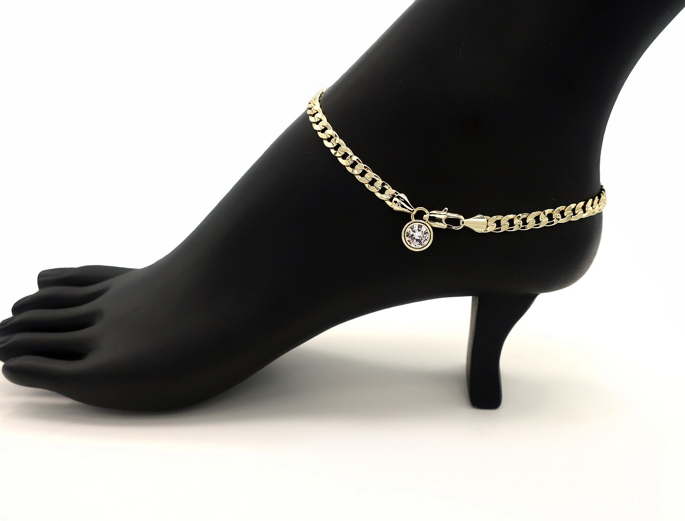 5mm CONCAVE CUBAN LINK CHAIN ANKLET 10″ CUBIC ZIRCONIA BRACELET 14K GOLD PLATED