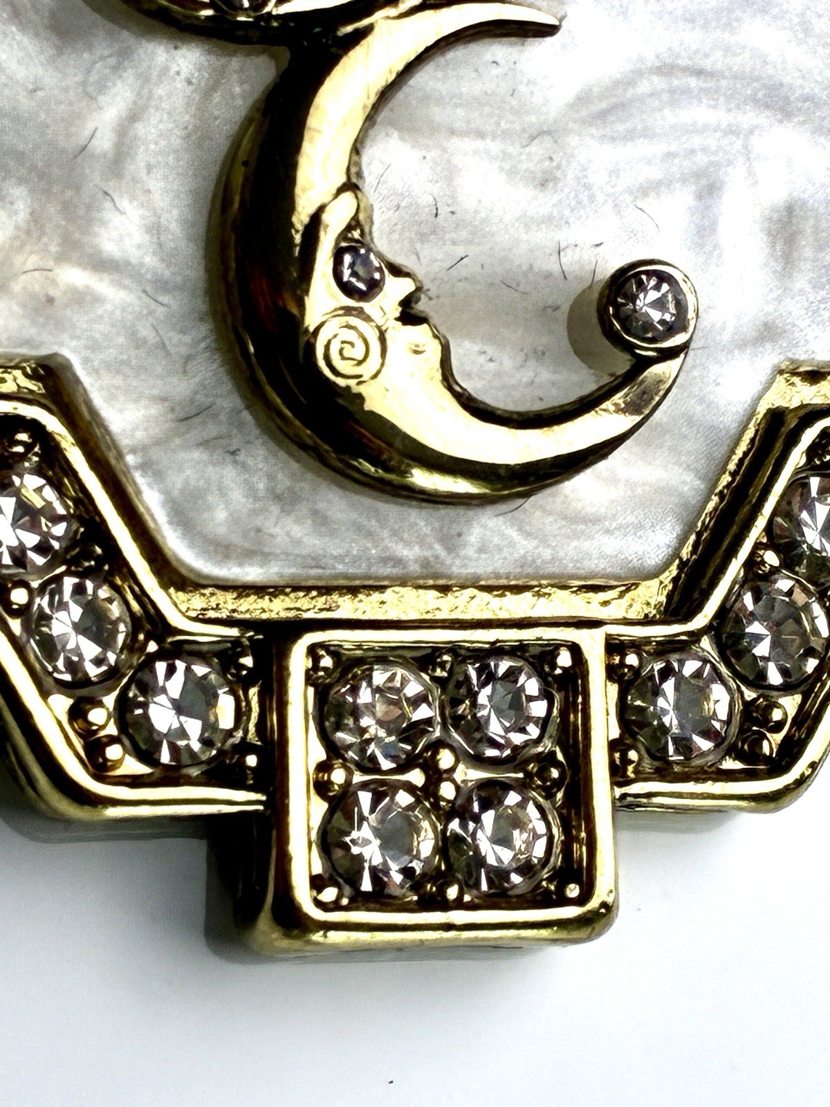 Gemini Zodiac Celestial Pendant Necklace Gold Tone Mother of Pearl Rhinestone