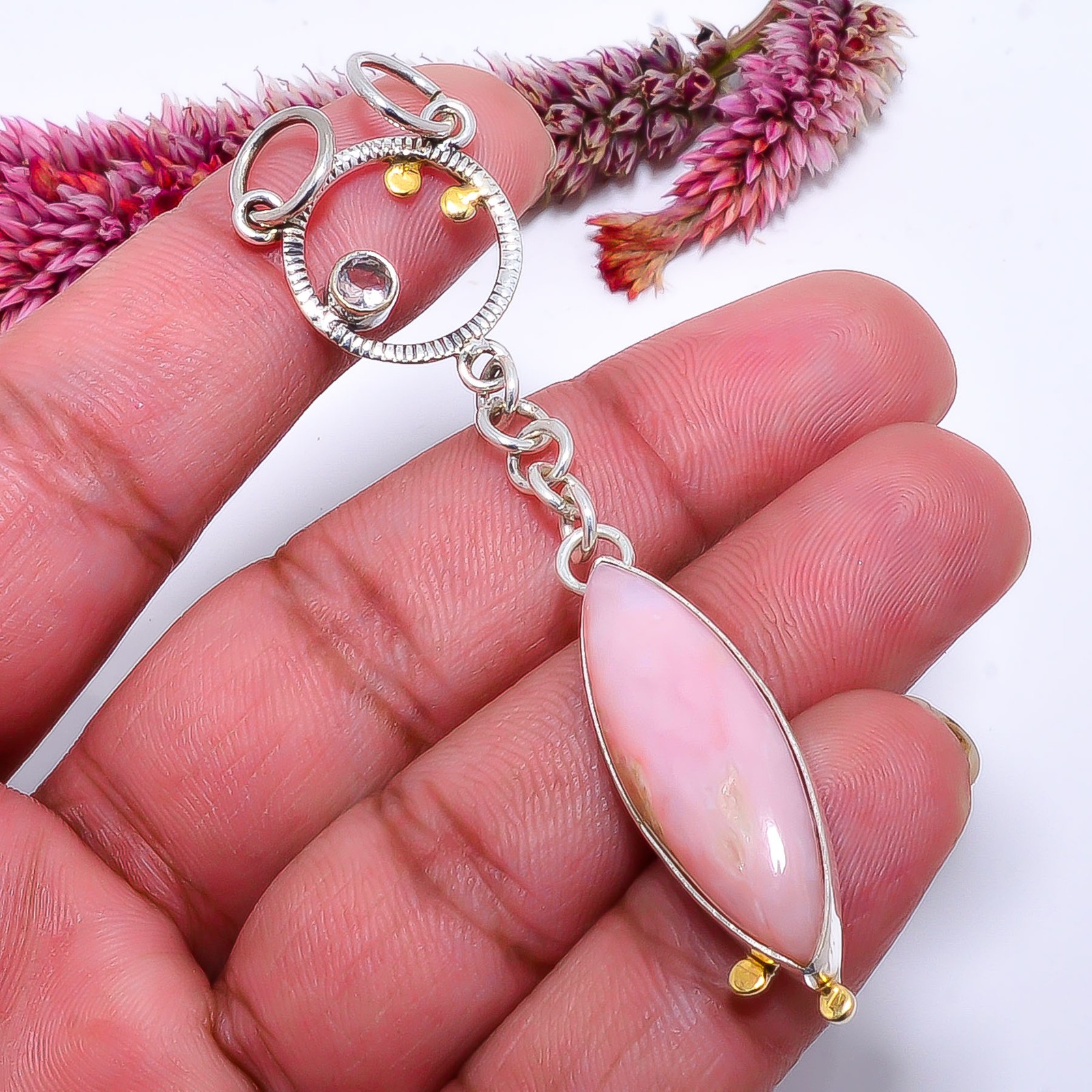 Pink Opal – Peru & Pink Kunzite 925 Solid Silver Two Tone Pendant 2.89″ P1037118