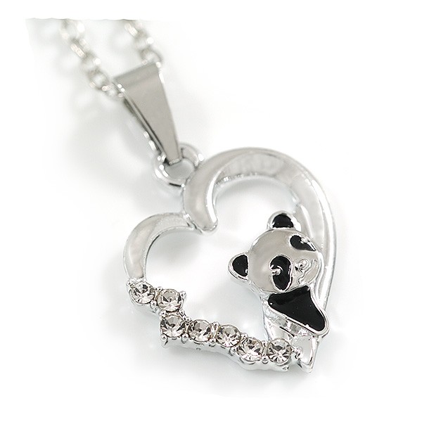 Small Open Heart with Panda Bear Pendant with Silver Tone Chain – 42cm L/ 5cm