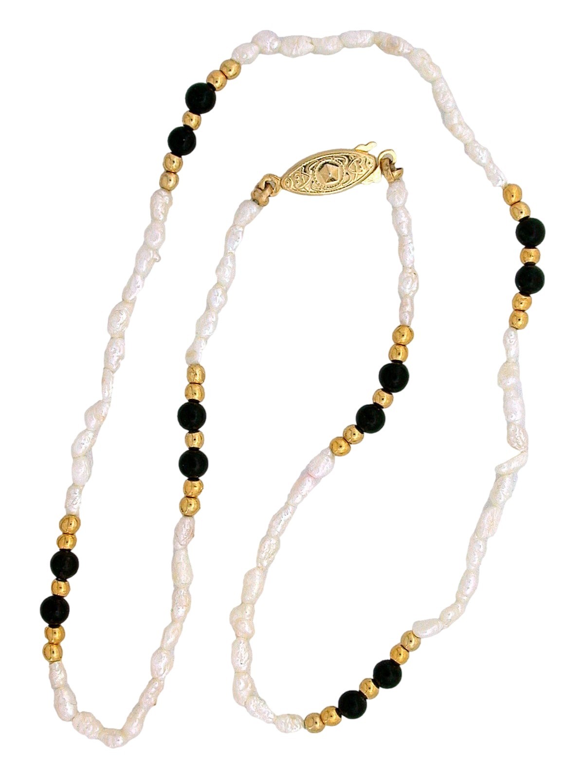 3.5 to 4.5mm Freshwater Rice Pearl 4mm Blackstone 3mm GP Bead Clasp 17″ Necklace