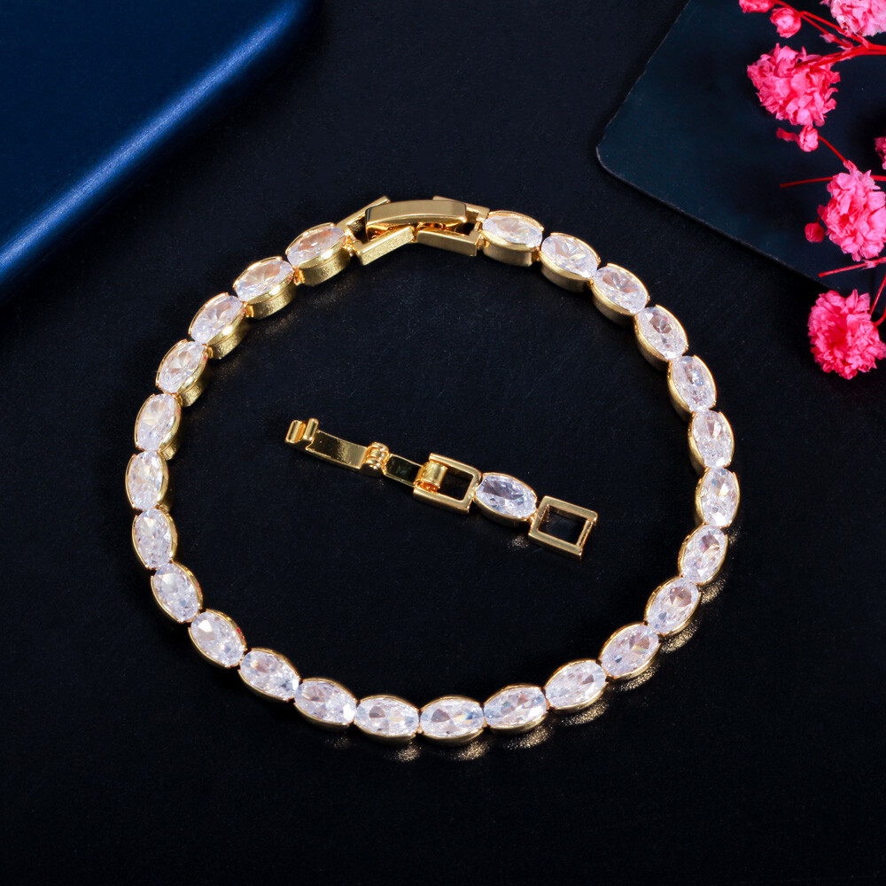 Silver Plated Cubic Zirconia Crystal Oval Bracelet Bridal Pageant Bangle Jewelry