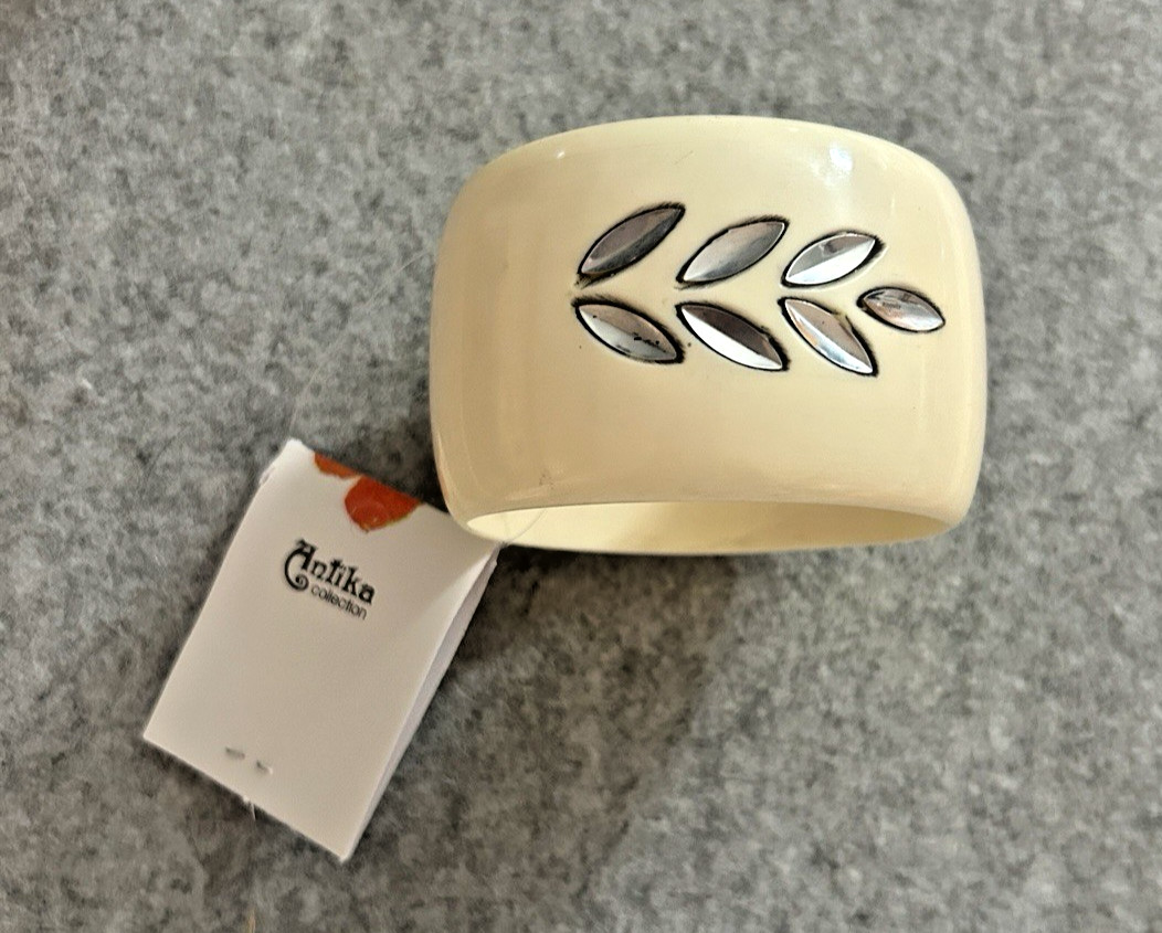 Antika Collection NWT 8” Ivory Colored Wide Bangle Bracelet Silver Leaves