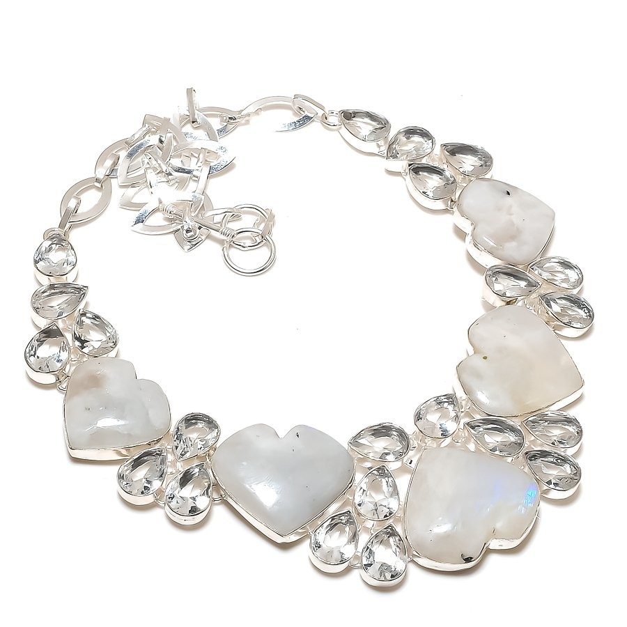 Rainbow Moonstone White Topaz Gemstone Necklace Handmade Jewelry 18″ PT 4102