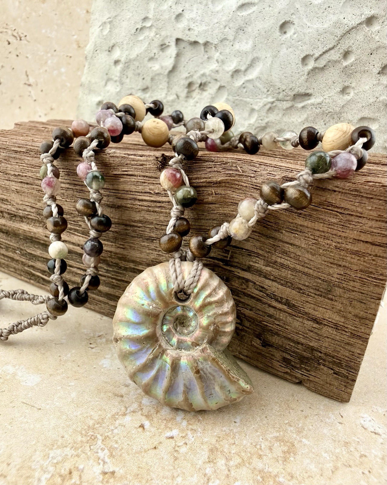 Iridescent Ammonite Fossil w/ Watermelon Tourmaline Necklace. Artisan Made USA