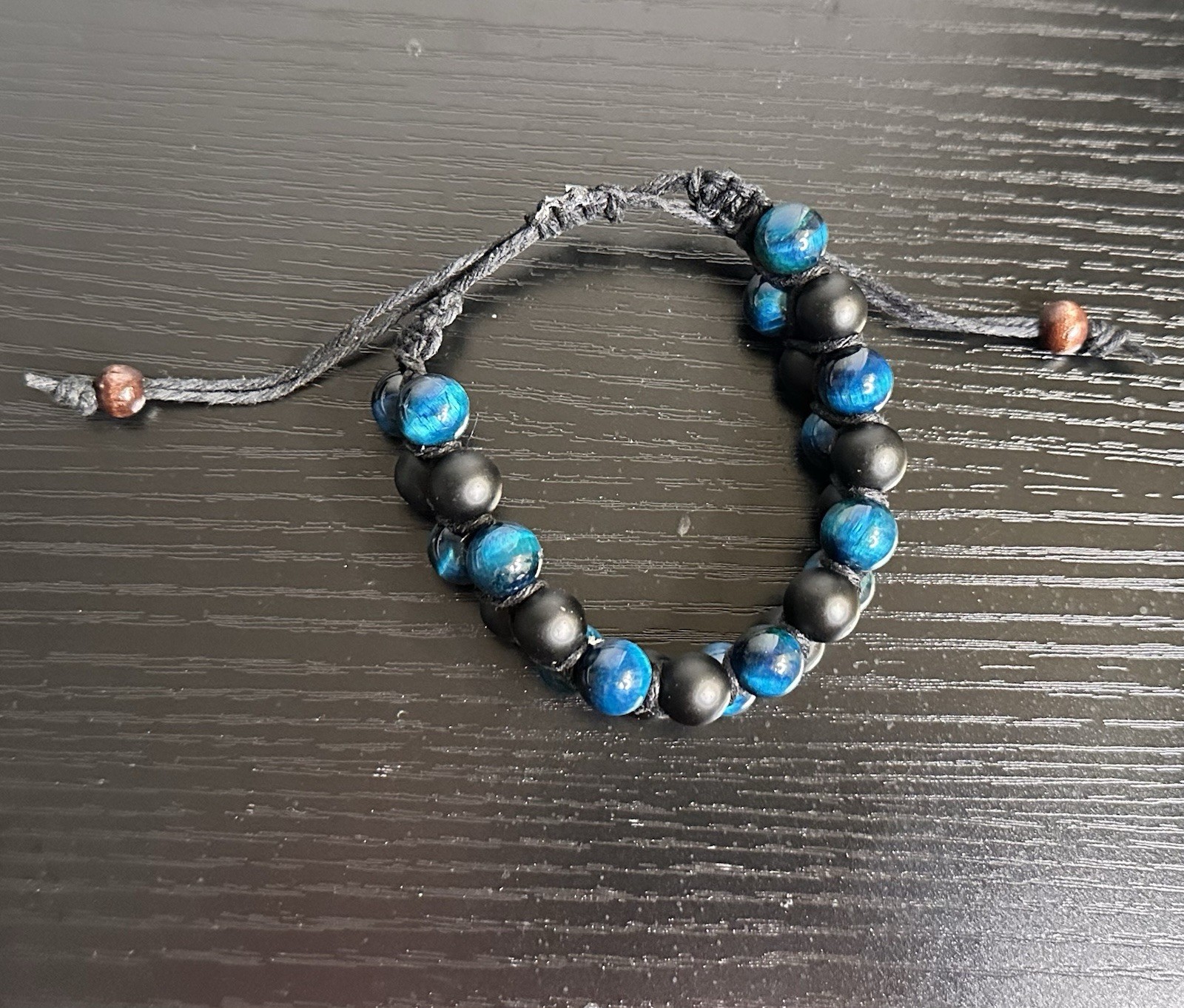 Blue Tiger Eye & Matte Onyx Double Row Bracelet 6.5″ Handmade Hemp