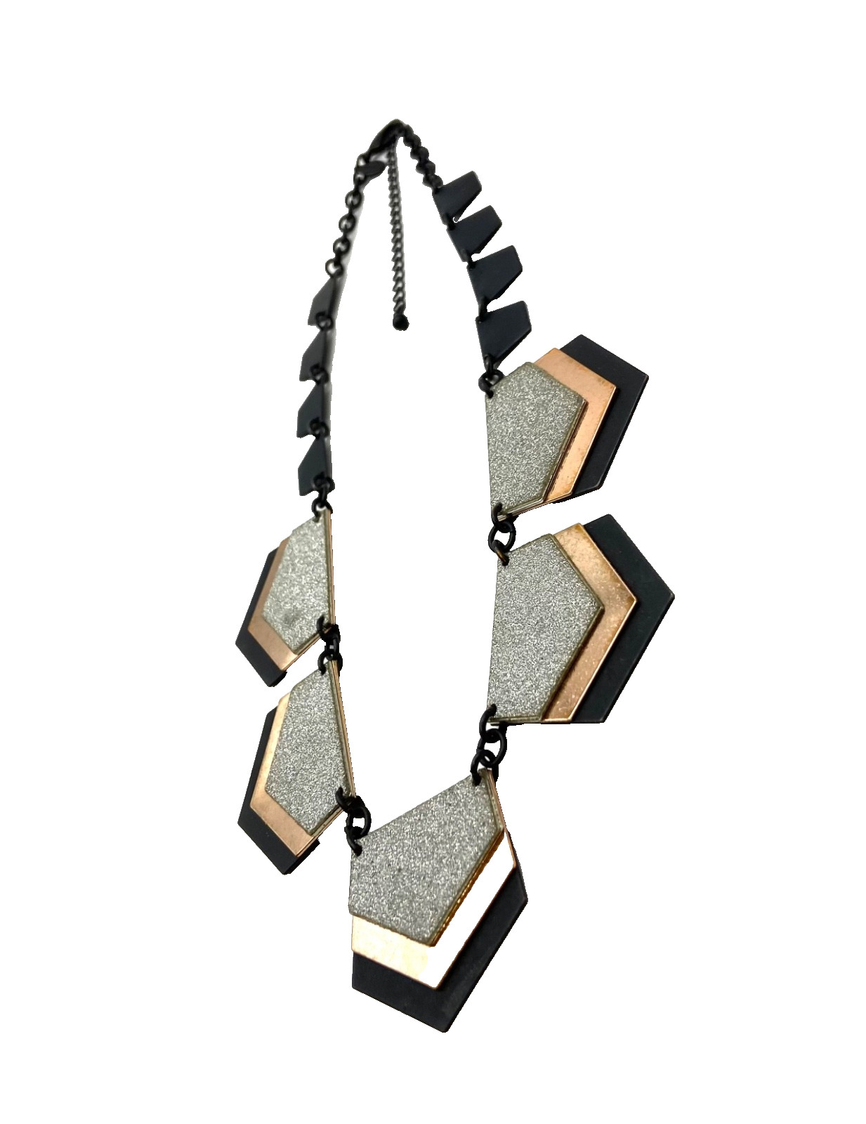 Express Black Triple Layer Pentagon Panel Necklace Tri-Tone Glitter Statement