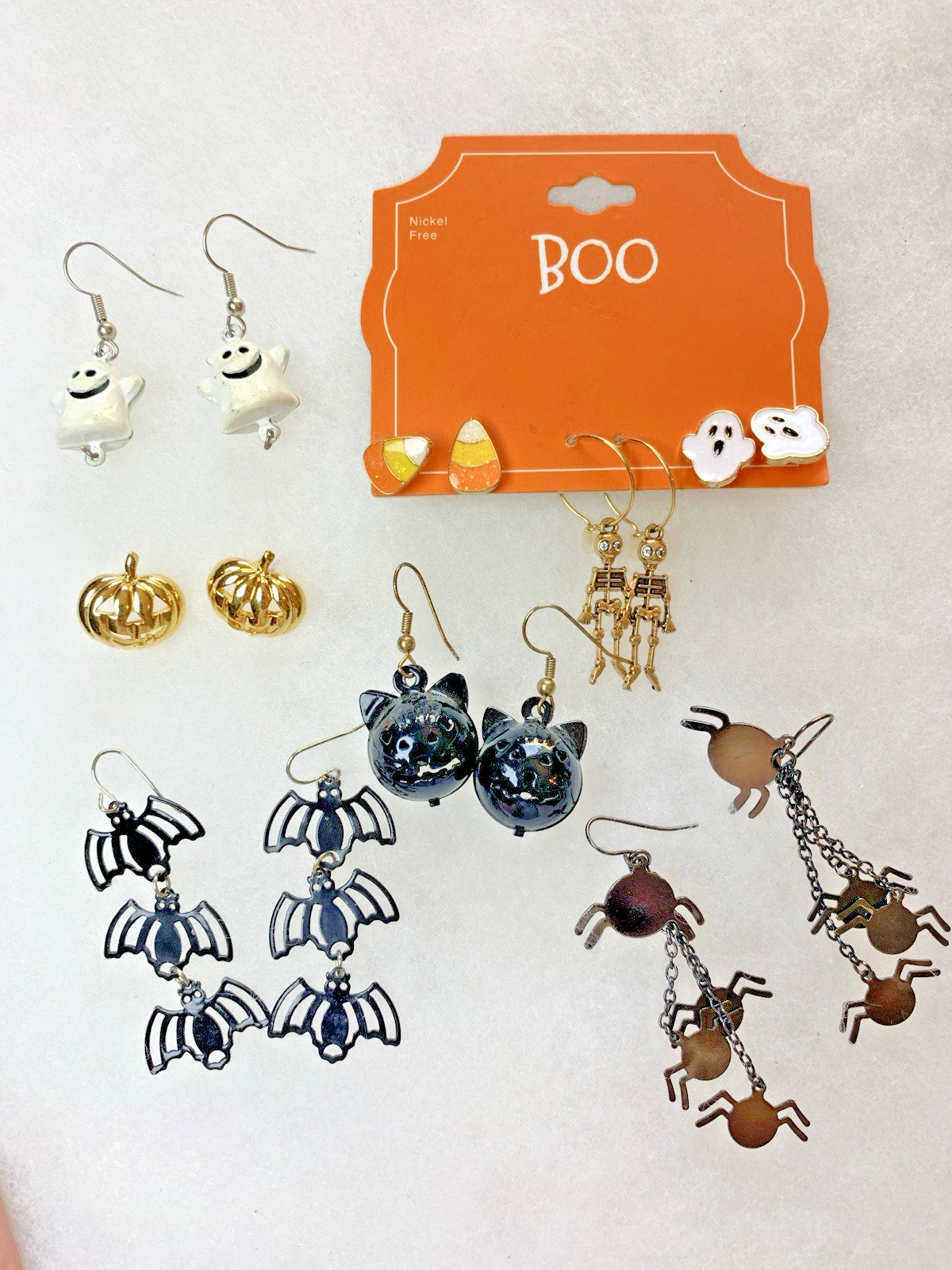 Halloween Jewelry Lot 8 Pairs Earrings Ghost Bat Spider Pumpkin Skeleton Cat