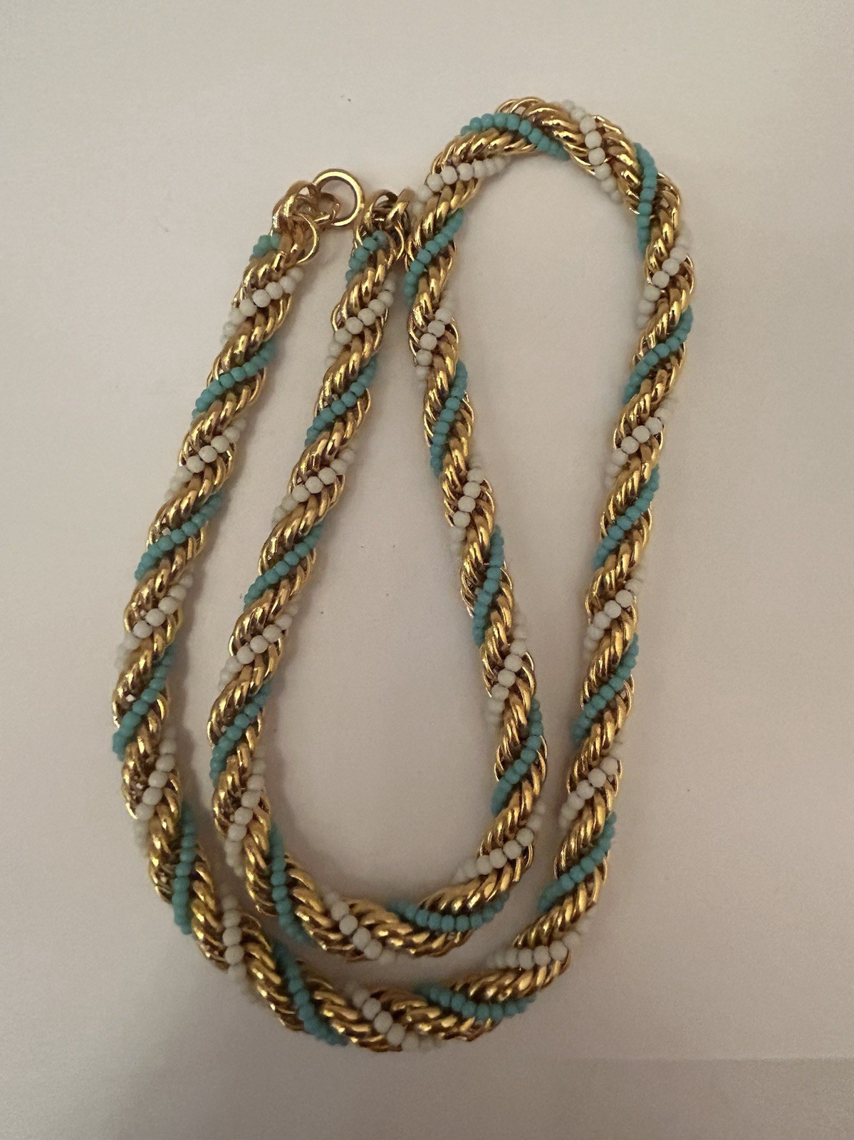 Gold Tone White Blue Seed Beads Twisted Necklace B17