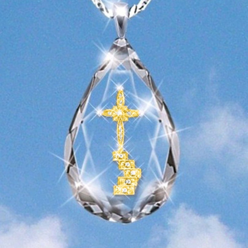 Waterdrop Religion Crystal Cross Heaven Ladder Rhinestone Pendant Necklace Gift