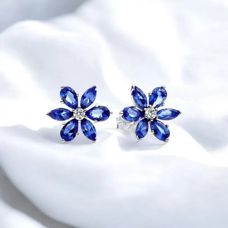 2 Ct Pear Cut Simulated Sapphire Women Flower Stud Earring 14k White Gold Plated